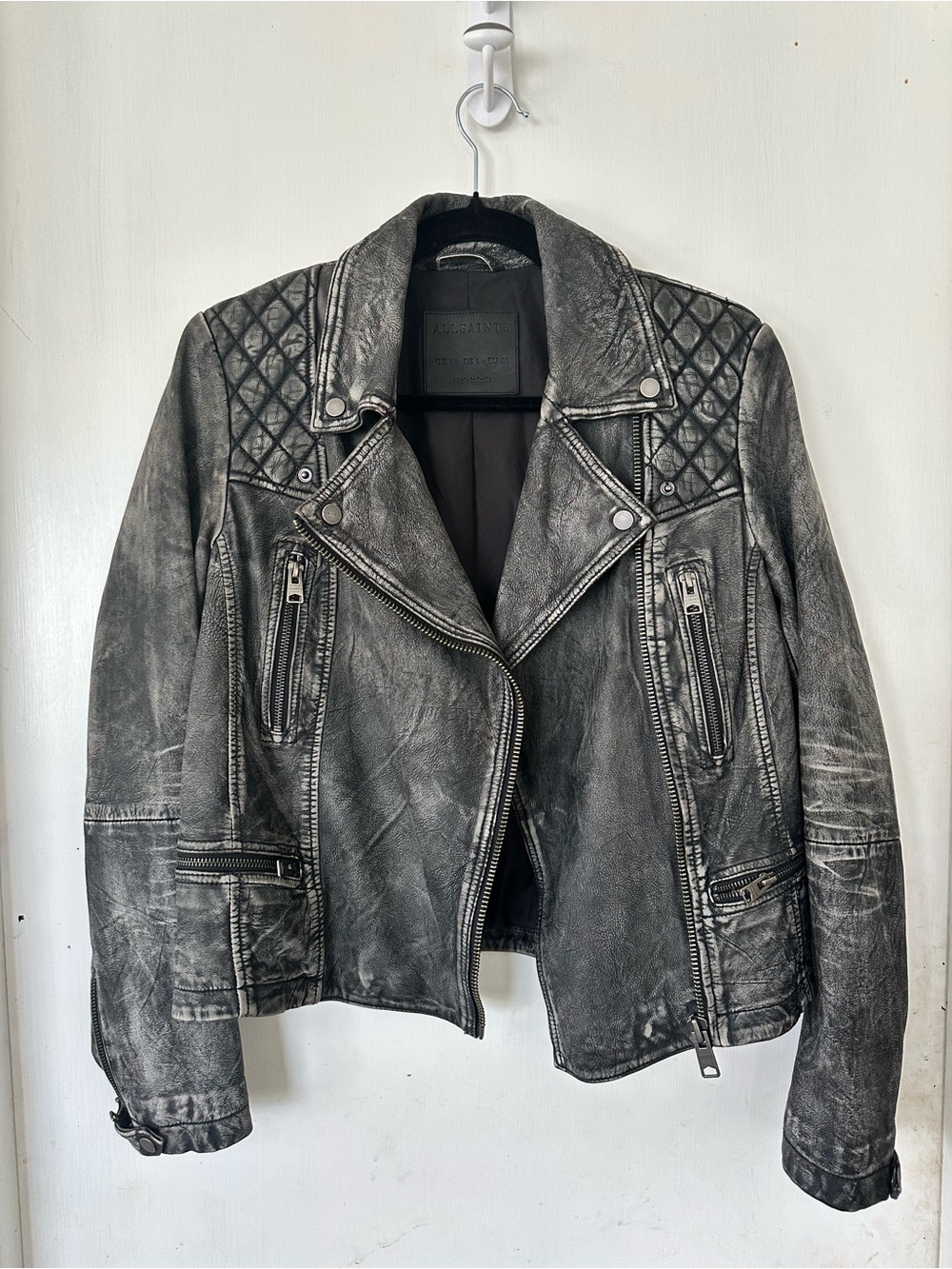 All Saints Vintage Cargo Biker Leather Jacket Intentionally Distressed Size 6 - Picture 2 of 7